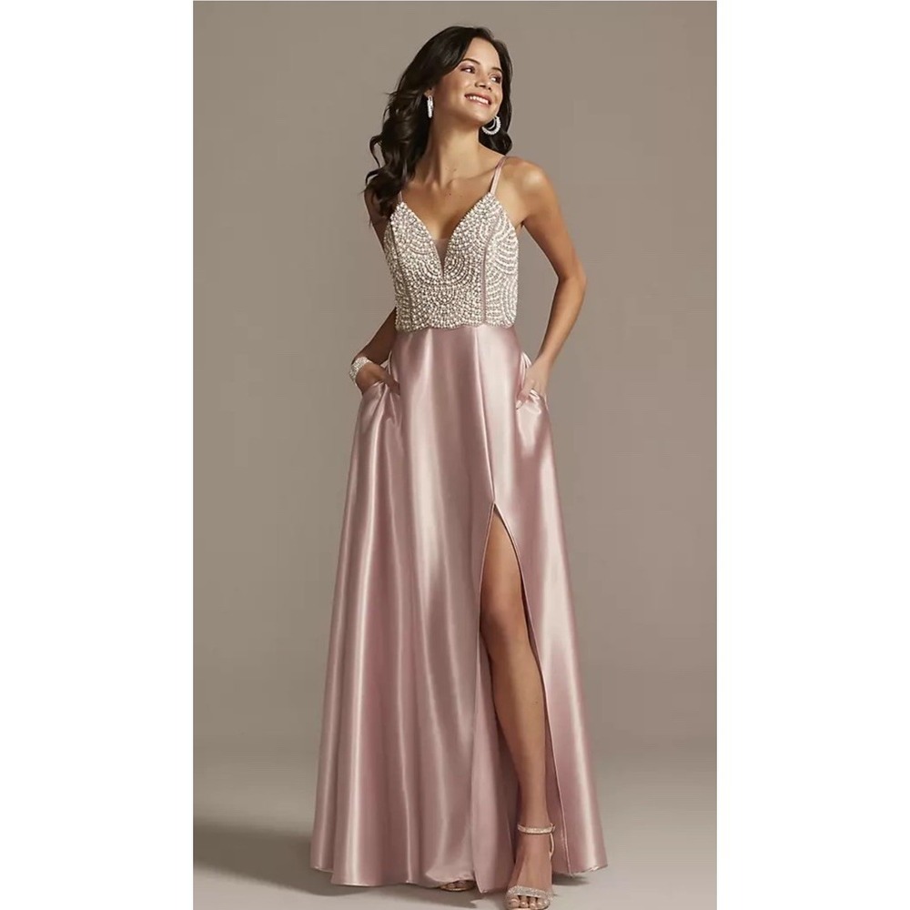 Speechless Beaded Bodice Mauve Pink Satin Maxi Gown Prom/Formal Sz 11 Pockets